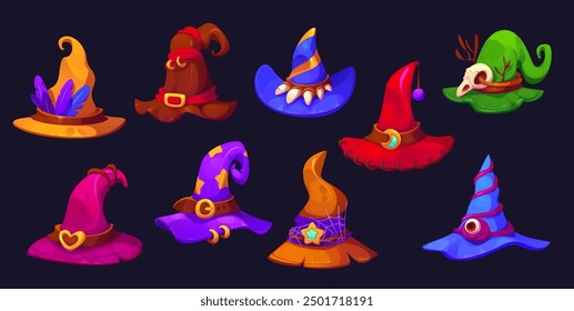 Halloween holiday witch hats, wizard or magician magic caps, vector Halloween trick or treat party witchcraft costume. Cartoon witch hats with scary skull, eyeball and cobweb, star and moon buckles