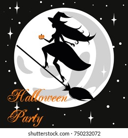Halloween holiday. Witch on a broomstick on a background of the moon