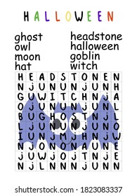 Halloween holiday word search puzzle for kids stock vector illustration. Children game with english words on halloween topic. Funny visual game with bat vertical printable worksheet 