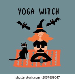 Halloween holiday. A young girl in a witch costume is engaged in yoga. Vector illustration on dark background 