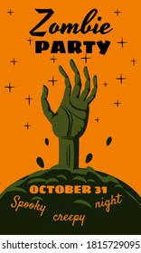 Halloween holiday Zombie Party greeting card rising hand dead cemetery