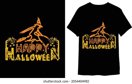 Halloween holidayh happy halloween unique custom t-shirt design with w\itches, tree, pumpkins, silhouette, typography, vector illustration, swatches color.