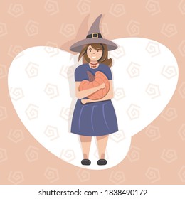  Halloween holidays. 31 October. Halloween costume for party. Mysterious woman in black witch Halloween costume covering. Woman in witch hat with pumpkin. Girl witch with pumpkin. Happy Halloween.