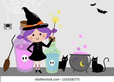 Halloween holidays background with cute witch and black cat. Spooky cartoon character. 