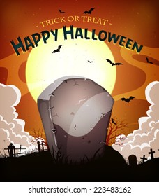 Halloween Holidays Background/ Illustration of a cartoon halloween holidays spooky horror background, with tombstone inside graveyard, fog, full moon and bats