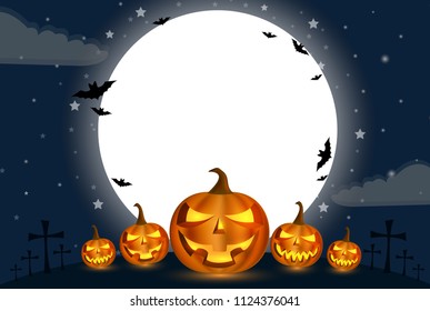 Halloween Holidays calabash Gourd in front of the big moon with a cloud below In the night with a star full of blue