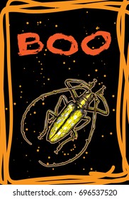 Halloween holidays card with creepy insect. Hand drawn flyer posters and greeting card with handwritten calligraphy words quotes phrases and bug. Vector.