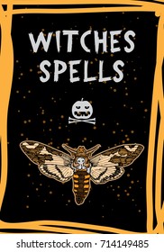 Halloween holidays card with creepy insect. Hand drawn flyer posters and greeting card with handwritten calligraphy words quotes phrases and bug. Vector.