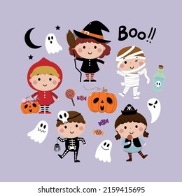 Halloween holidays cartoon character. Cute kids in witch, mummy, pirate, skeleton costume. Ghost and spooky pumpkin. Vector isolated set