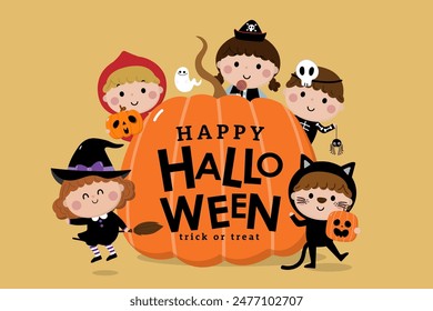 Halloween holidays cartoon character. Cute kids in witch, pirate, skeleton and black cat costume. Ghost and spooky pumpkin. Vector isolated set