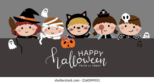 Halloween holidays cartoon character in invitation party card. Cute kids in witch, mummy, pirate, skeleton and black cat costume, ghost and spooky pumpkin. Vector isolated set