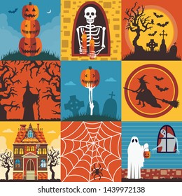 Halloween holidays posters or October Party greeting card templates with creepy scenes in flat design. Jack-o-lantern pumpkins, skeleton, witch on broomstick, ghosts, graveyard, vintage haunted house.