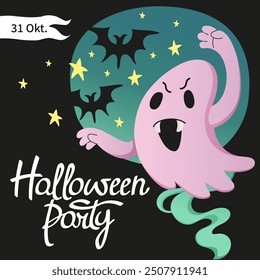 Halloween holidays square template with cute Ghost. Social media Post for Halloween party, sale. Trick or treat. Party invitation background. Spooky elements banner design and web. Vector illustration