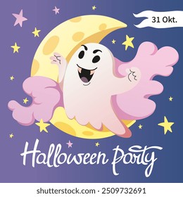 Halloween holidays square template. Scary pink Ghost, night sky and moon. Social media Halloween Party invitation background. Trick or treat. Spooky elements banner design. Vector flat illustration.