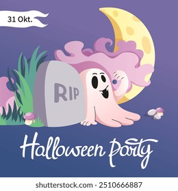 Modelo quadrado de feriados de Halloween. Fantasma rosa assustador no cemitério, céu noturno e lua. Histórico do convite da Festa de Halloween das mídias sociais. Truque ou deleite. Design de banner assustador. Ilustração vetorial.