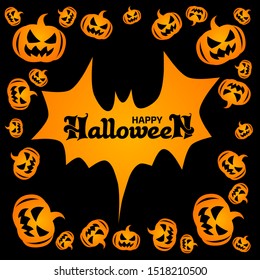 Halloween holidays vector background with pumpkins and bat. Lettering Happy Halloween with grunge decoration, illustration.