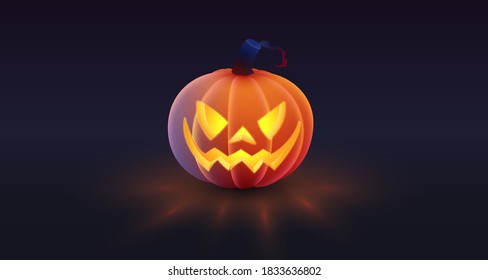 Halloween holliday collection. Latern Jack, orange pumpkin with spooky luminous face and reflection on dark blue background. Simulates soft touch coverage and 3d rendering. Vector illustration. 