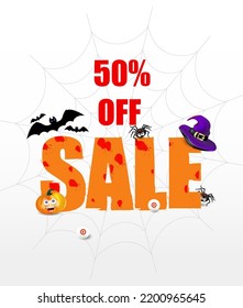 Halloween holliday fifty percent off sale. Big orange lettering, flying bats, spiders, smiling pumpkin face, eyes and witch hat isolated on white background with spiderweb.