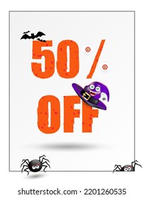 Halloween holliday fifty percent off sale. Big orange lettering, flying bats, running spiders, eyes and smiling face witch hat isolated on white background.