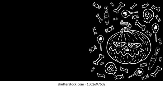 Halloween horizontal background black, white line, pumpkin with sweets, bones, potions, vector illustration for design and decoration