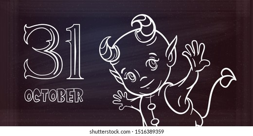 Halloween horizontal background with a cute little demon character on a chalkboard background.