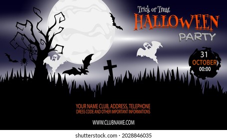  Halloween horizontaler Hintergrund mit Kürbis, sputiertes Haus und Vollmond. Ein Flyer oder eine Einladungsvorlage für eine Halloween-Party. Vektorgrafik. EPS10