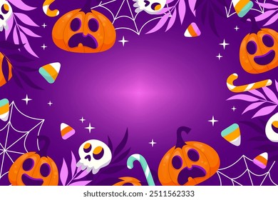 Halloween horizontal background with pumpkins, skulls and candies