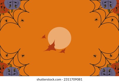 Halloween horizontal background. Web with spiders and pumpkins. Bats flying near the moon. Holiday card, flat design vector illustration.