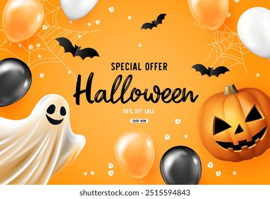 Halloween horizontal banner with balloons and ghost. Realistic vector