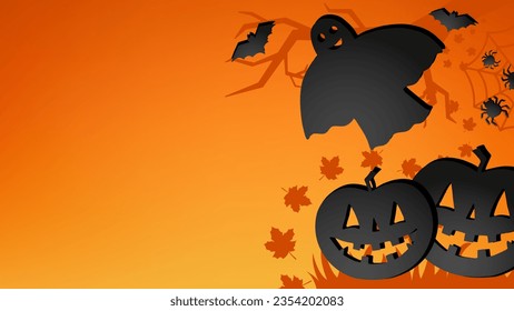 Halloween horizontal banner with carved pumpkin, ghost, bats, spiders on autumn leaves and bare tree branches background. Black and orange colors, paper cut design. Vector template for holiday flyer.