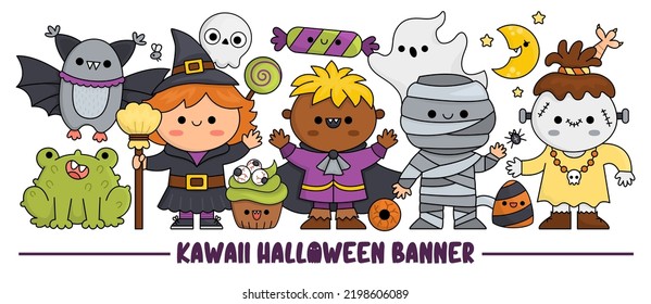 Halloween horizontal banner with cute kawaii characters for kids. Vector witch standing with vampire, mummy, bat, ghost. Cute All saints day illustration. Funny trick or treat party set for kids