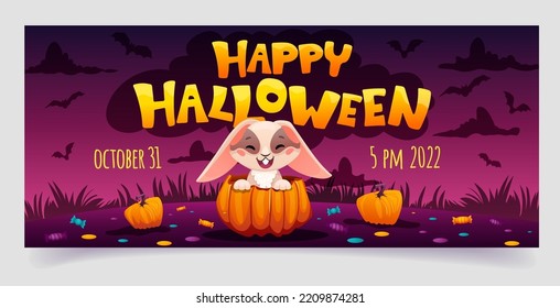 Halloween Horizontal Banner With Cute Rabbit Or Bunny In Big 3d Pumpkin With Sweets And Candies. Party Poster Template With Text For Date. Vector Cartoon Illustration For Flyer Design