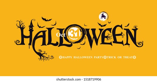 Halloween horizontal banner with festive vector logo. HAPPY HALLOWEEN, Trick or Treat. The inscription with ominous tree branches, bats and a pretty witch on a background of the full moon.
