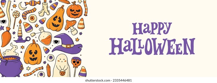 Banner horizontal de Halloween con letras y garabatos. Bien por impresiones, tarjetas, portadas de medios sociales, fondo de pantalla, invitaciones, etc. EPS 10