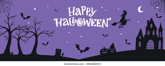 Halloween horizontal banner with lettering quote and decorative elements on purple background for wallpaper, templates, social media covers, invitations, posters, cards, etc. EPS 10