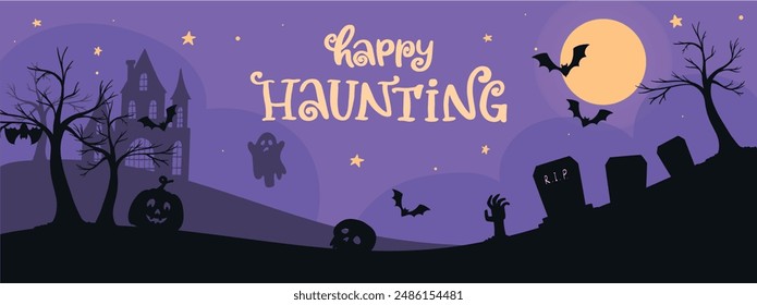 Anuncio Horizontal de Halloween con cita de letras Happy Haunting y siluetas para carteles, portadas de redes sociales, impresiones, tarjetas, Plantillas