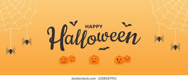 Halloween horizontal banner on a orange background. HAPPY HALLOWEEN. Vector illustration