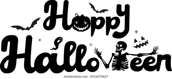 Halloween horizontal banner with pumpkin, human skeleton, and bats on a white background