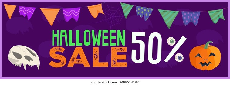 Halloween Horizontal banner Sale 50. Pumpkin Skull and triangular old flags. Design for print banner for holiday discount in offline magazine