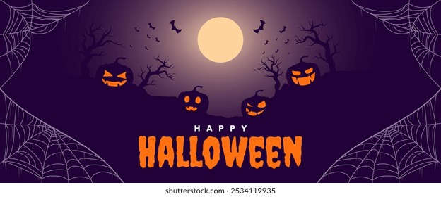 Halloween horizontal banner with scary pumpkins smiling