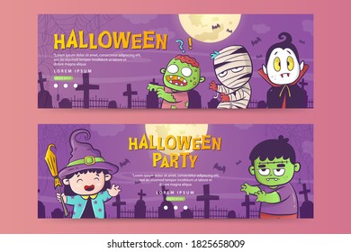 Halloween horizontal banner template with cartoon character