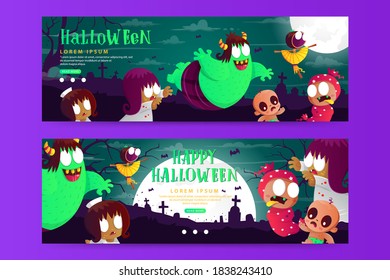 Halloween horizontal banner template with the cute Indonesian ghost