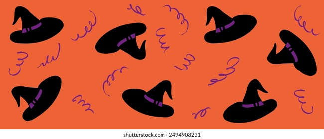Halloween horizontal banner template with witch hats and serpentine. Festive celebration design for card, invitation, label, sale. Hand drawn vector illustration.