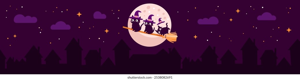 Halloween horizontal banner with three black cats with witch hat. Town silhouette and night sky on purple background. Holiday vector illustration. Greeting card.