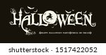Halloween horizontal banner with vector logo on a black background. HAPPY HALLOWEEN, Trick or Treat. The inscription with ominous tree branches, bats and a pretty witch