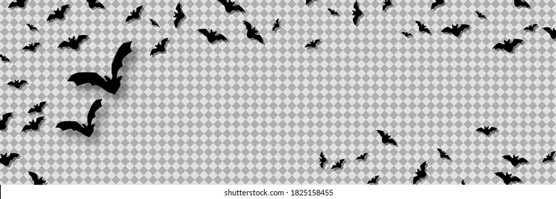 Halloween horizontal banner vector template. Bats silhouettes on transparent background