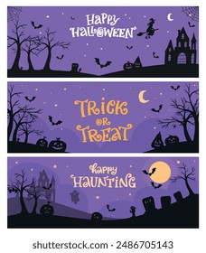 Anuncios Horizontales de Halloween decorados con citas, escenas y Elementos decorativos. Bueno para carteles, impresiones, tarjetas, Fondo de pantalla, Plantillas de redes sociales, etc. EPS 10