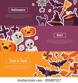 Halloween Horizontal Banners with flat icons. Vector Illustration.  Trick or Treat Concept. 