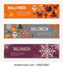 Halloween Horizontal Banners or Flyers. Vector Illustration. Party Invitation with Flat Icons. Place for Your Text Message. 