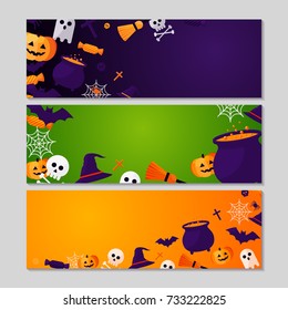 Halloween Horizontal Banners or Flyers. Vector Illustration. Halloween Party Invitation with Flat Icons. Place for Your Text Message. Banners Set with Witch Hat, Spider Web and Pumpkin.